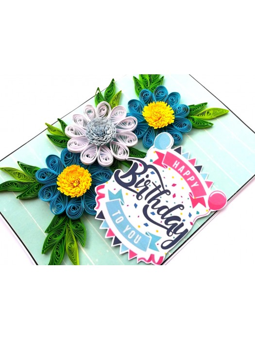 Sparkling Blue Quilled Flowers Birthday Card