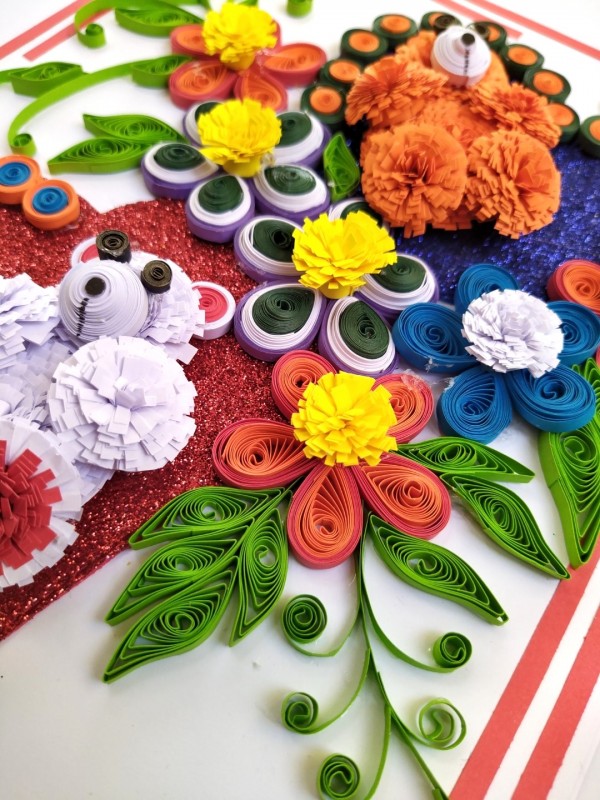 Sparkling Quilled Teddies Flowers Greeting card