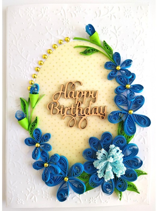 Sparkling Blue Quilled Flowers Birthday card