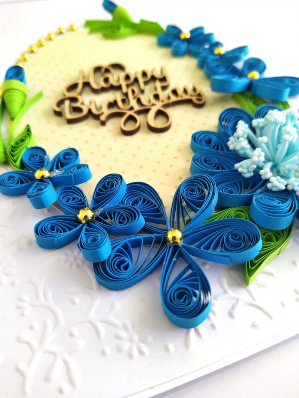 Sparkling Blue Quilled Flowers Birthday card image