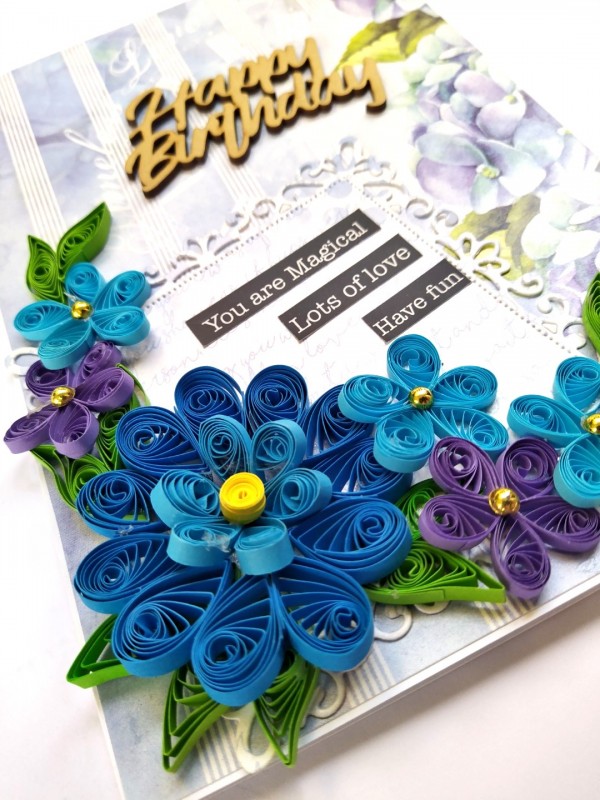 Blue Flowers Happy Birthday Quilled Card