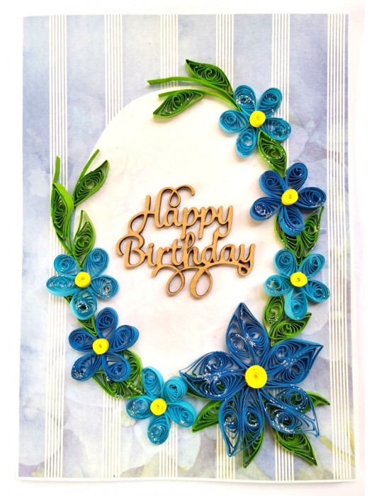 Sparkling Blue Quilled Flowers Birthday card