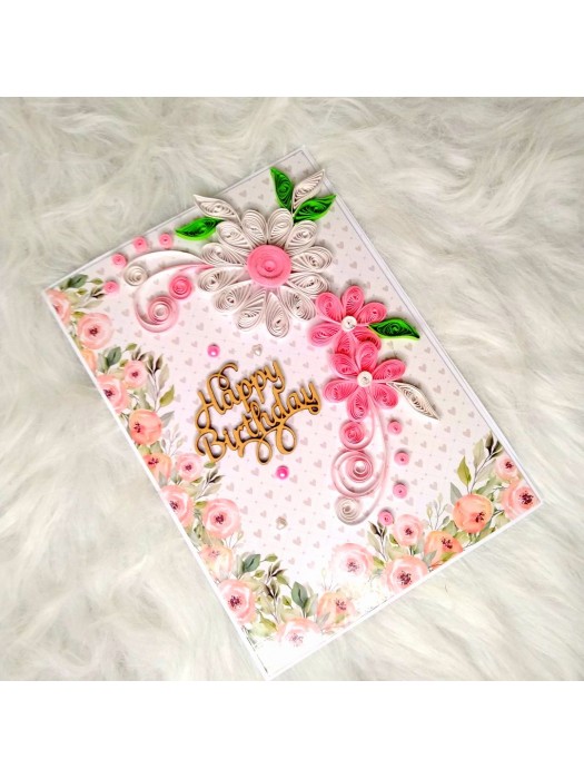 Sparkling Quilled Assorted Flowers Card - White