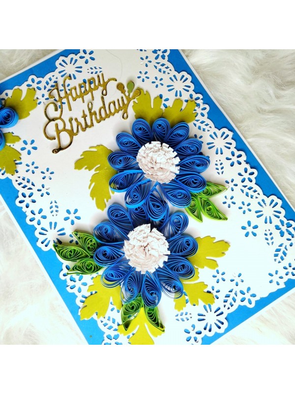 Sparkling Blue Quilled Flowers Birthday card