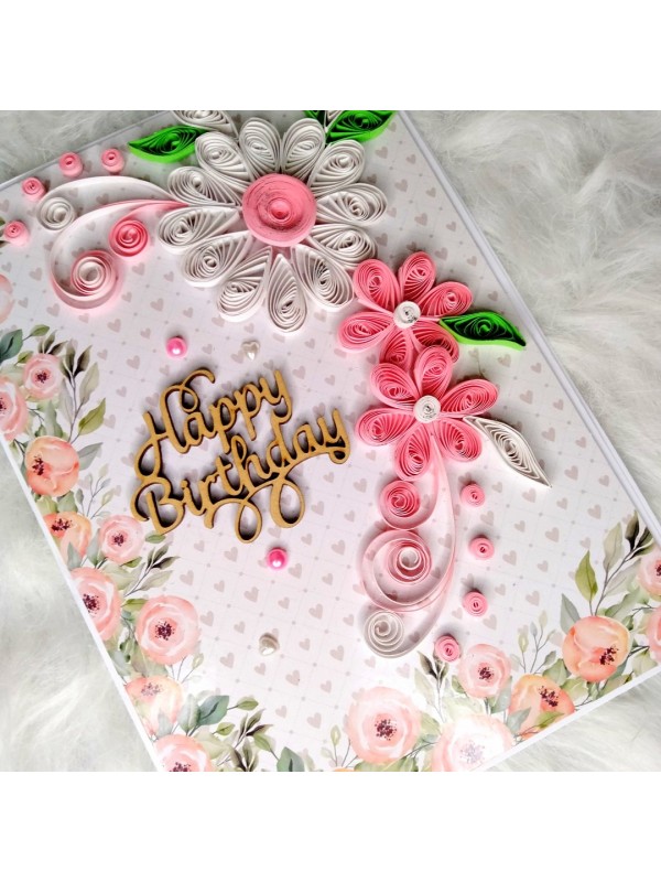 Sparkling Quilled Assorted Flowers Card - White