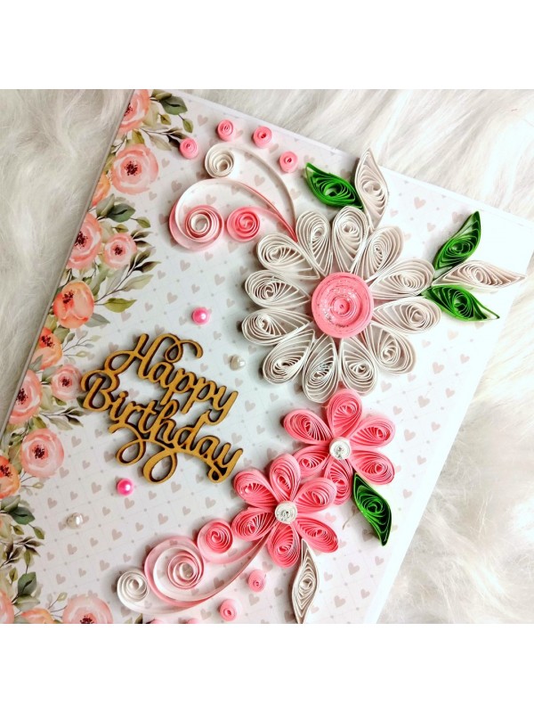 Sparkling Quilled Assorted Flowers Card - White