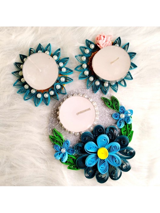 Set of 3 Quilled Floating Diyas with Tealight candles - Blue image
