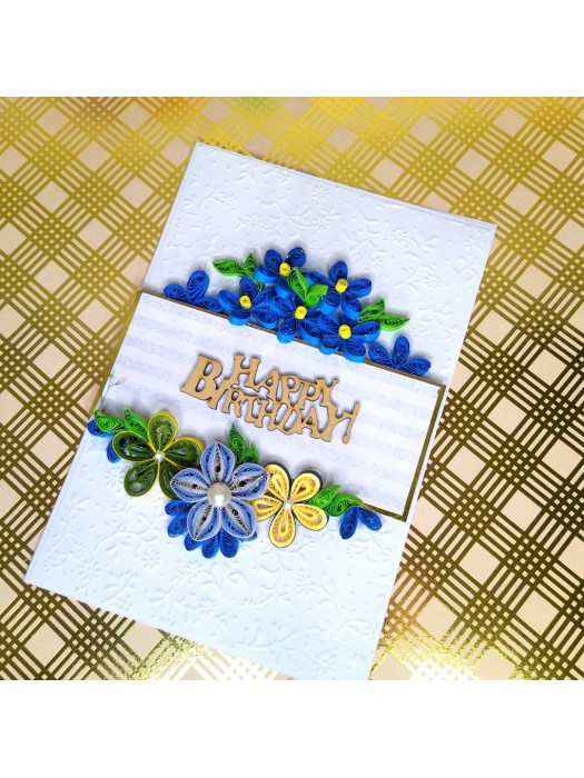 Blue Flowers Happy Birthday Quilled Card
