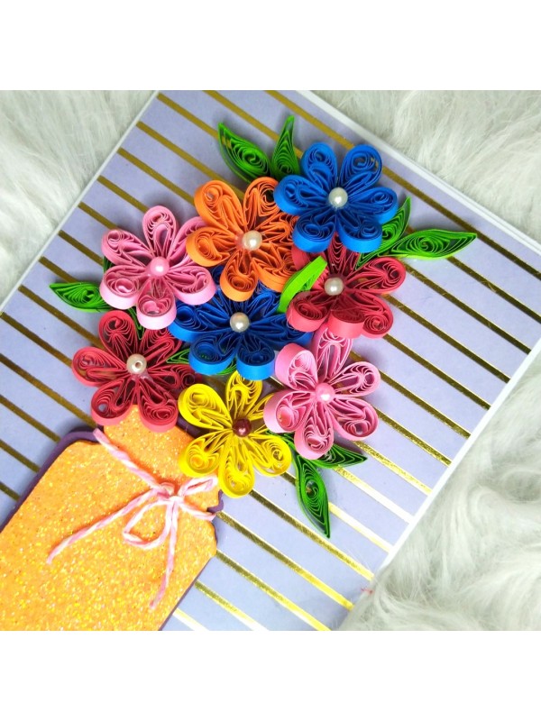 Multicolored Quilled Flowers In Vase Greeting Card