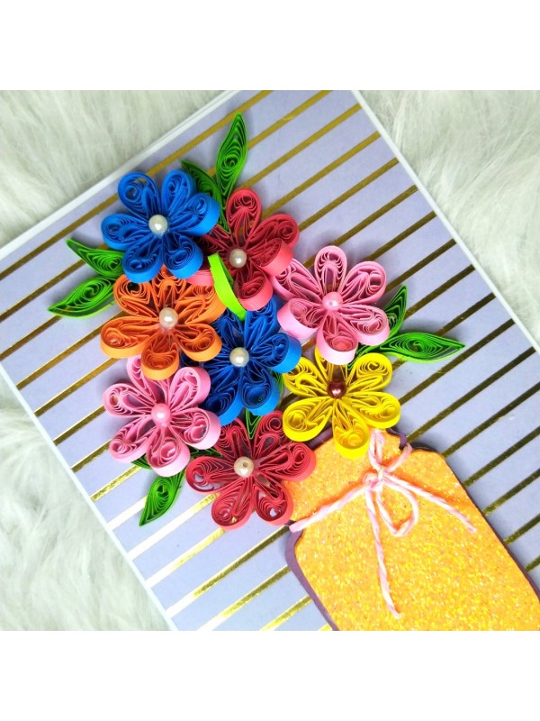 Multicolored Quilled Flowers In Vase Greeting Card