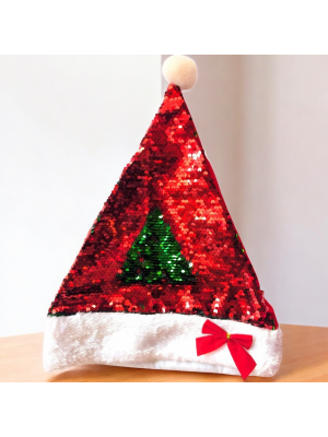 Red Green Flip Sequin Santa Cap with Bow