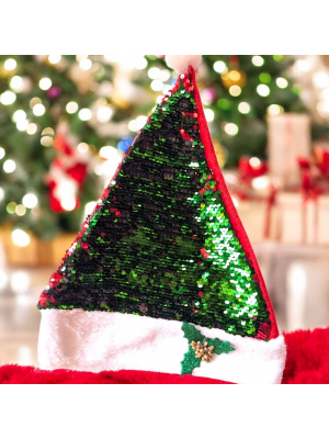 Red Green Flip Sequin Santa Cap with Holly Leaves