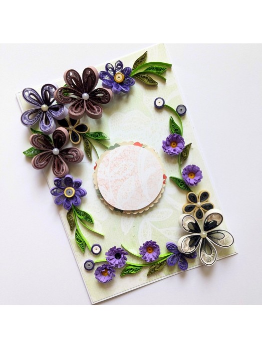 Purple Quilled Flowers Corner Greeting Card