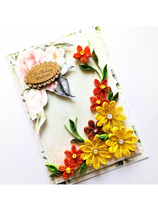 Yellow Quilled Flowers Birthday Greeting Card