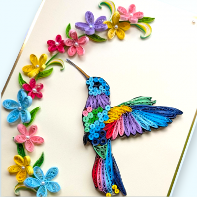 Quilled Bird with flowers A4 greeting card