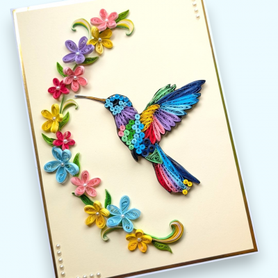 Quilled Bird with flowers A4 greeting card
