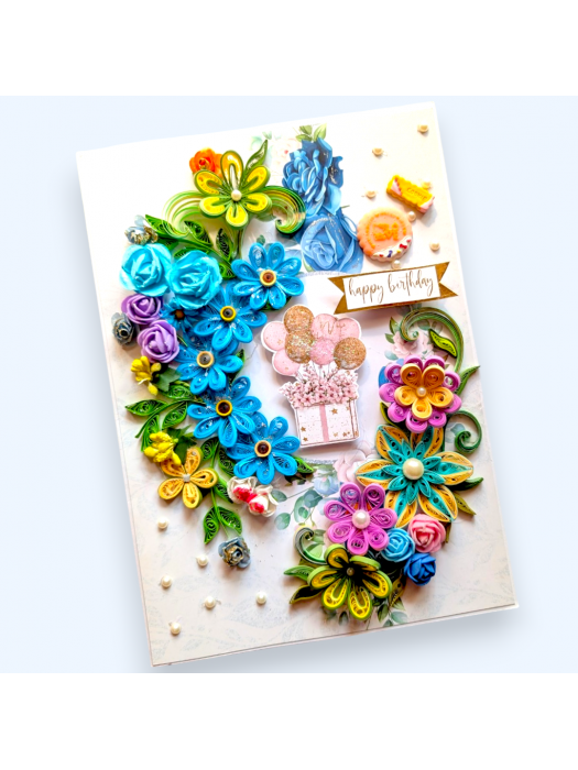 A4 Sparkling Quilled Flowers Birthday Greeting card
