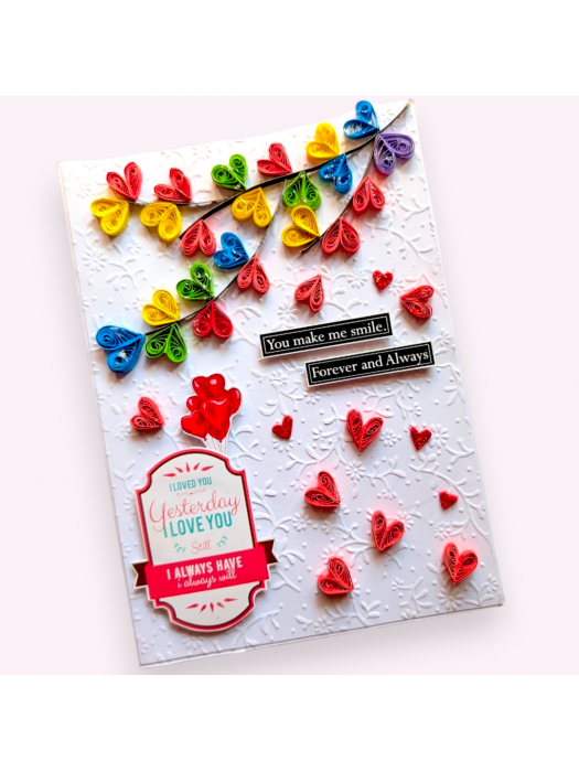 Quilled colorful hearts falling Greeting card