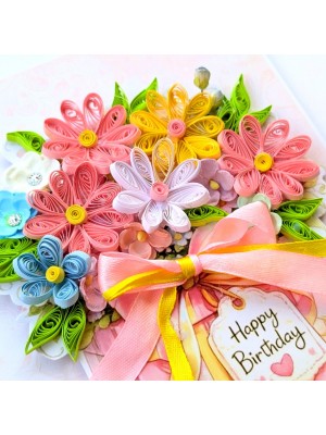 Pinks Quilled flowers in gift box greeting card