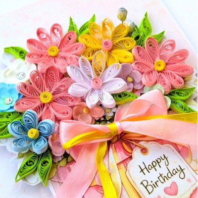 Pinks Quilled flowers in gift box greeting card