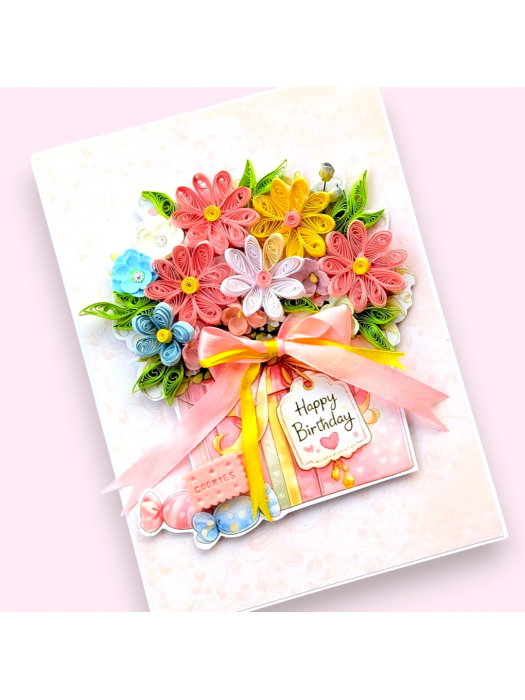 Pinks Quilled flowers in gift box greeting card