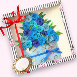 Quilled greeting card in box - Blue Roses 