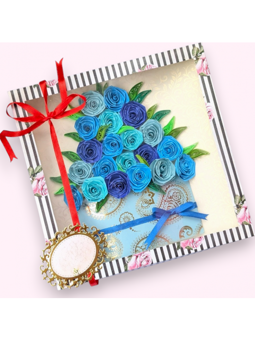 Quilled greeting card in box - Blue Roses 