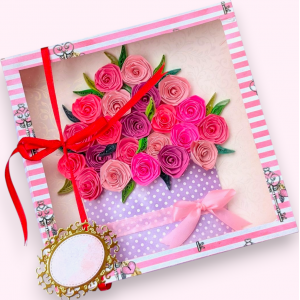 Quilled greeting card in box - Pink Roses 