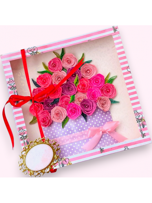 Quilled greeting card in box - Pink Roses 