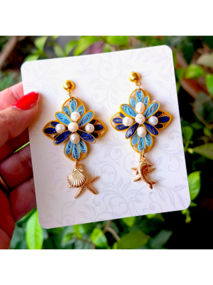 Quilled Paper Dangle Earring - Blues