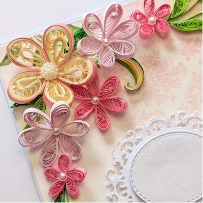 Pink Quilled Flowers Corner Greeting Card