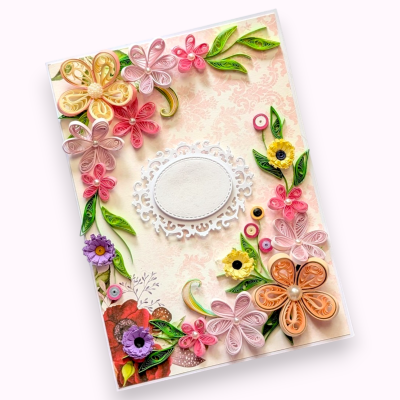 Pink Quilled Flowers Corner Greeting Card