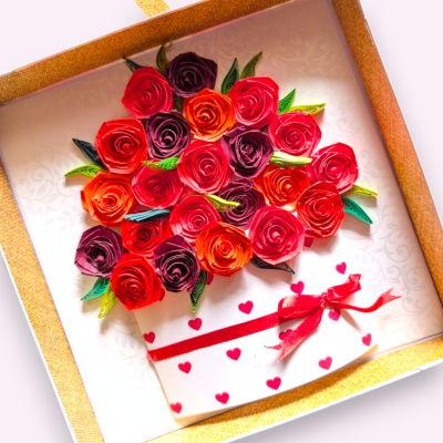 Valentine Quilled greeting card in box - Red Roses 