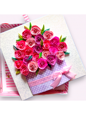 Valentine Quilled greeting card in box - Pink Roses 
