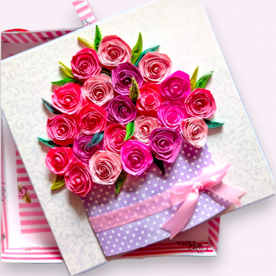 Valentine Quilled greeting card in box - Pink Roses 