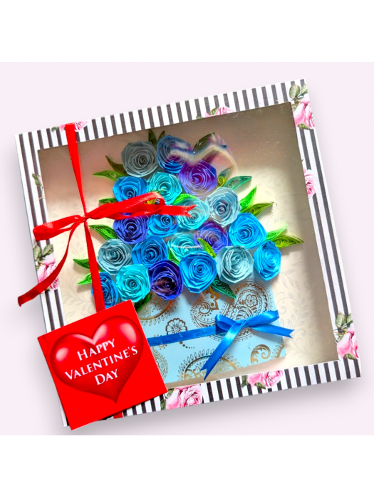 Valentine Quilled greeting card in box - Blue Roses 