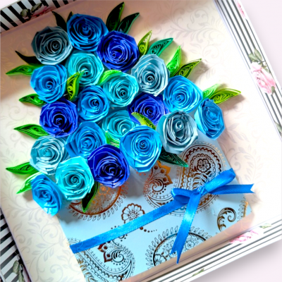 Valentine Quilled greeting card in box - Blue Roses 
