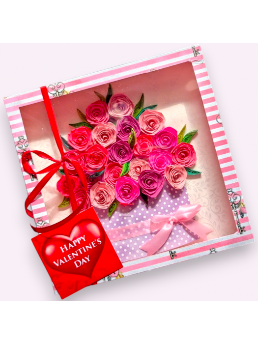 Valentine Quilled greeting card in box - Pink Roses 