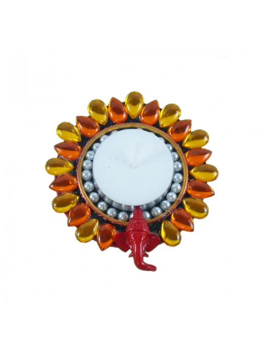 Kundan Floating Diya With Ganpati - Yellow image