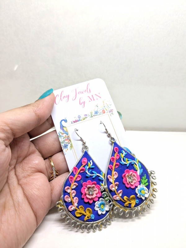 Multicolor flowers on Royal Blue earring Jhumka