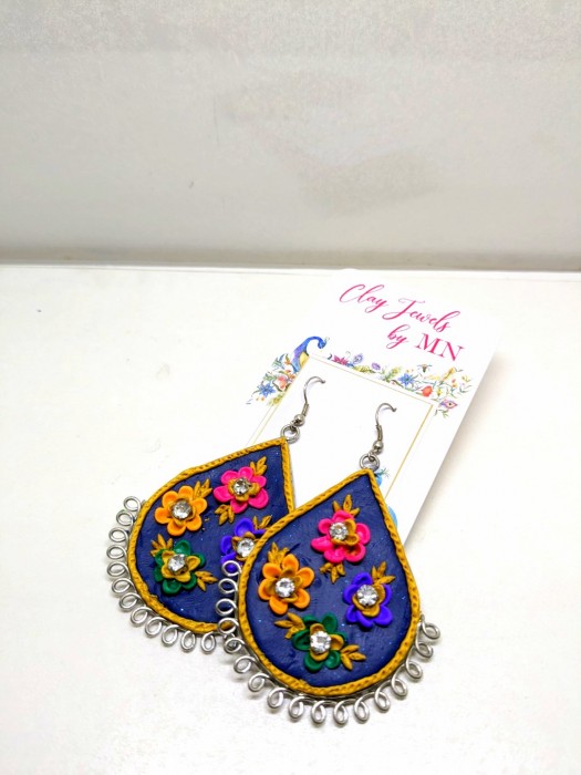 Multicolor flowers on Royal Blue base earring Jhumka