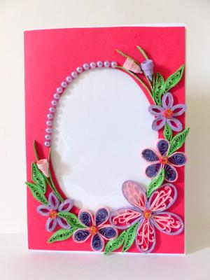 Pink Flowers Photo Frame Greeting Card