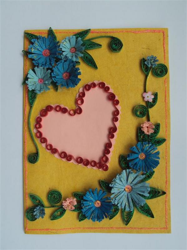 Blue Flowers In Yellow Base & Heart Greeting Card image