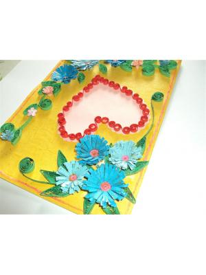 Blue Flowers In Yellow Base & Heart Greeting Card