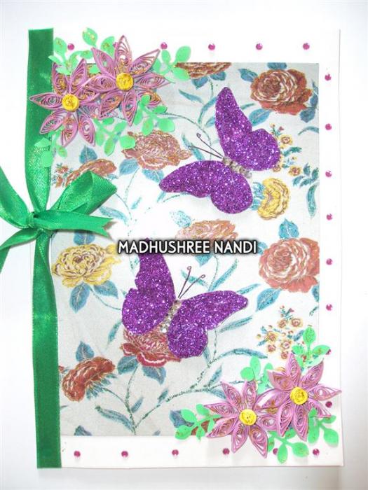 Printed Base With Glitter Butterflies & Flowers Greeting Card