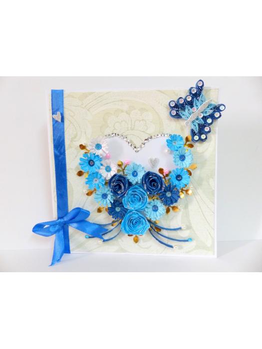 Blue Multiple Flowers in Heart Greeting Card