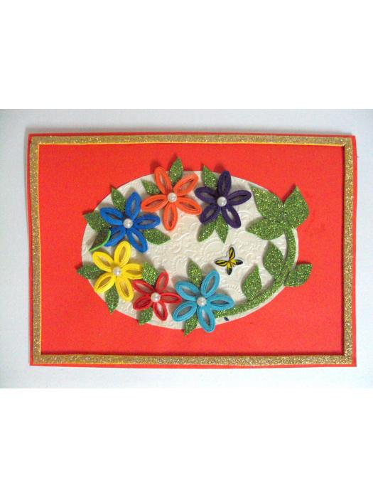 Sparkling Multicolored Flowers With Leaves Greeting Card