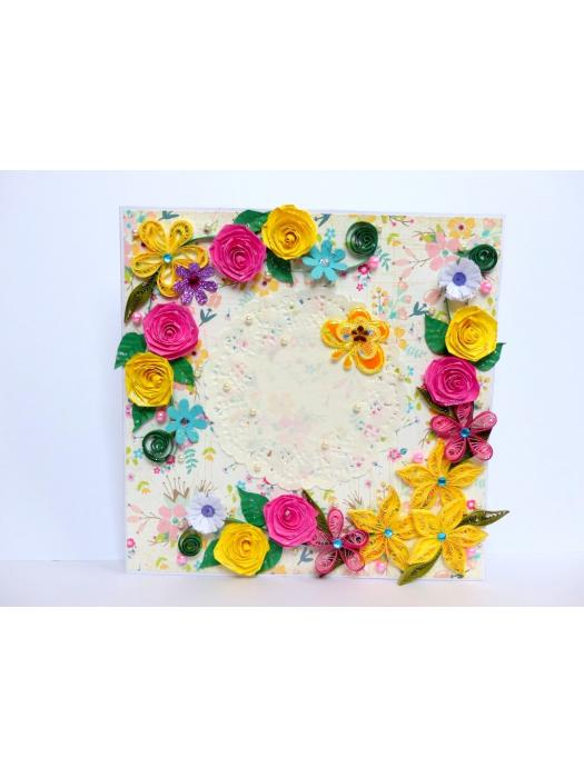 Vibrant Color Quilled Flowers And Rose Greeting Card