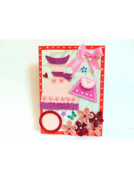 Pink Dress and Bag Girl Quilled Greeting Card