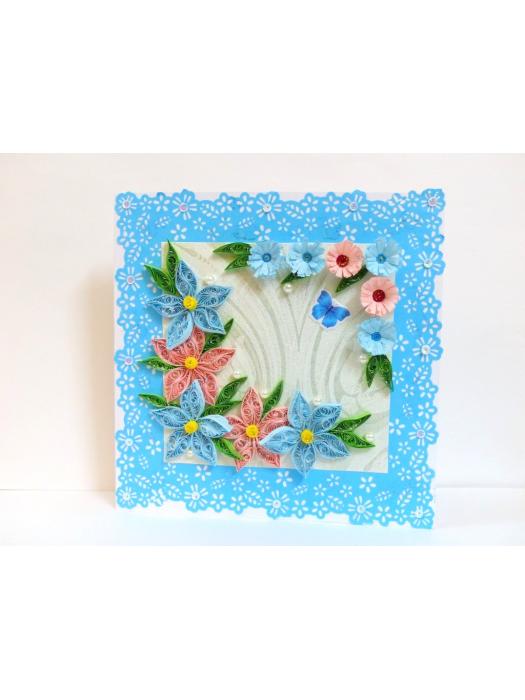 Sparkling Blue Lace and Themed Flowers Greeting Card